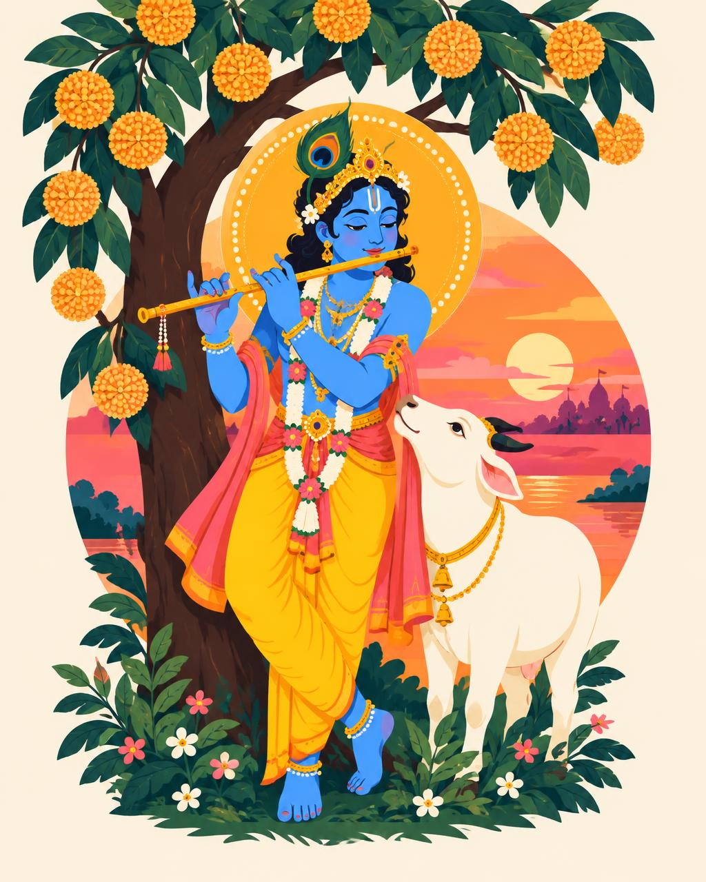 Lord Krishna playing the flute beside a cow under a kadamba tree