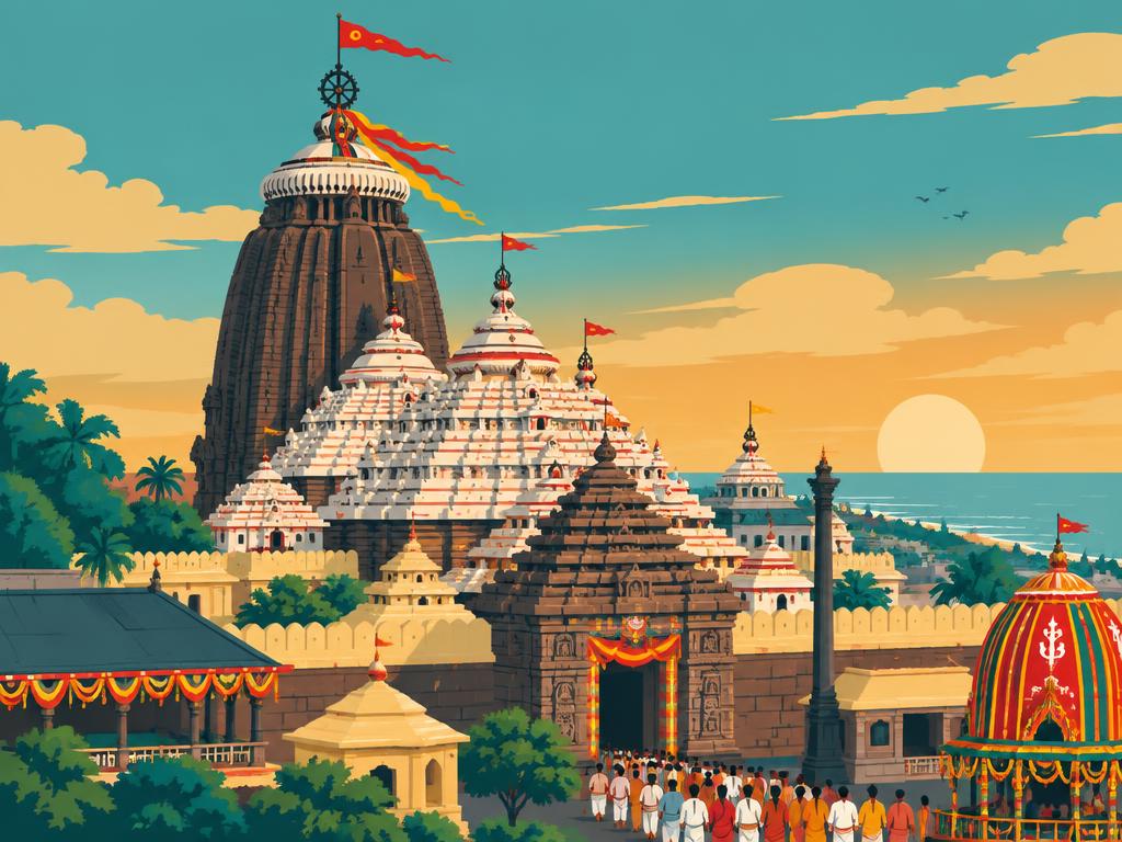 Jagannath temple in Puri with festival flags by the sea