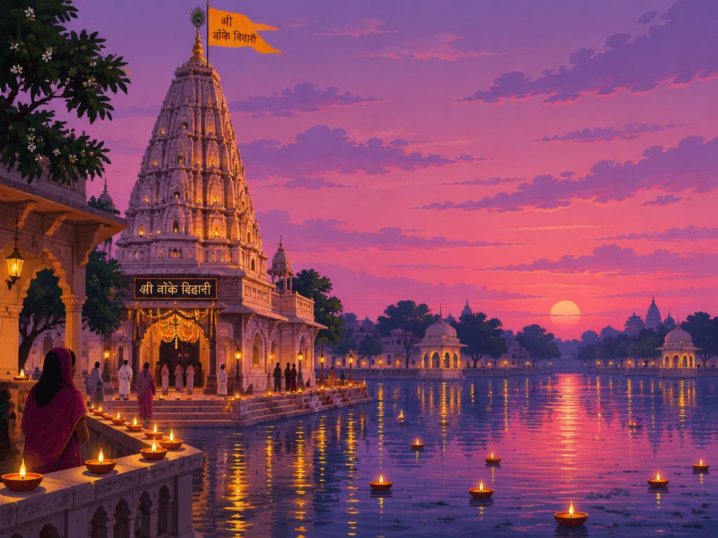 Banke Bihari temple in Vrindavan beside the water at dusk with floating lamps